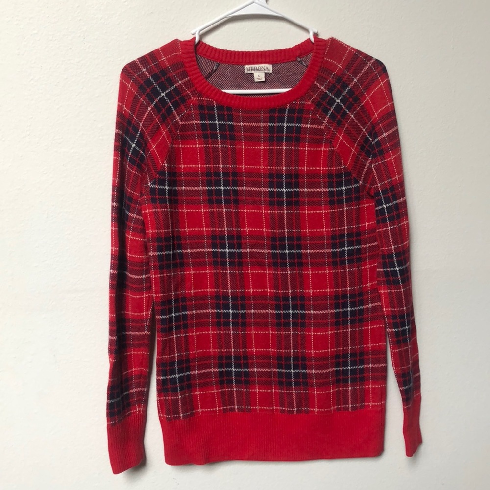 Merona Red Plaid Crew Neck Sweater